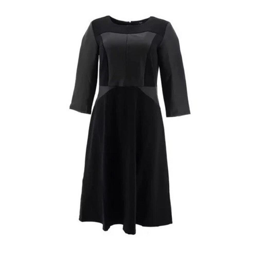 Dennis Basso Black Knit Dress with Faux Leather Panels, Black, Reg 6 New